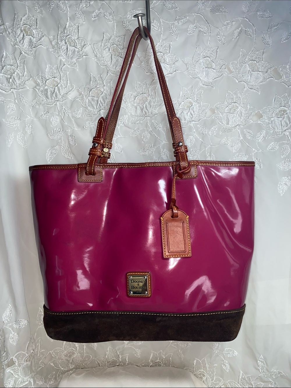 Dooney & Bourke Fuchsia Patent Leather Tote with Brown Trim